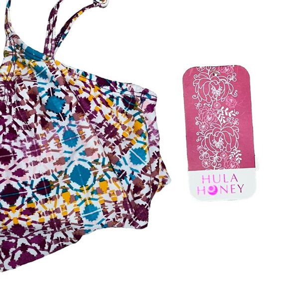 NWT Hula Honey Flounce Bikini Top Junior's Size Small Wine Multi Print Lace Up - Picture 6 of 11